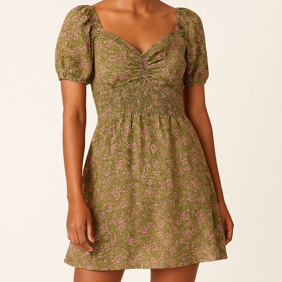 Japna Womens Olive/Pink Floral Print Puff Sleeve Dress - Size XL - Picture 1 of 9